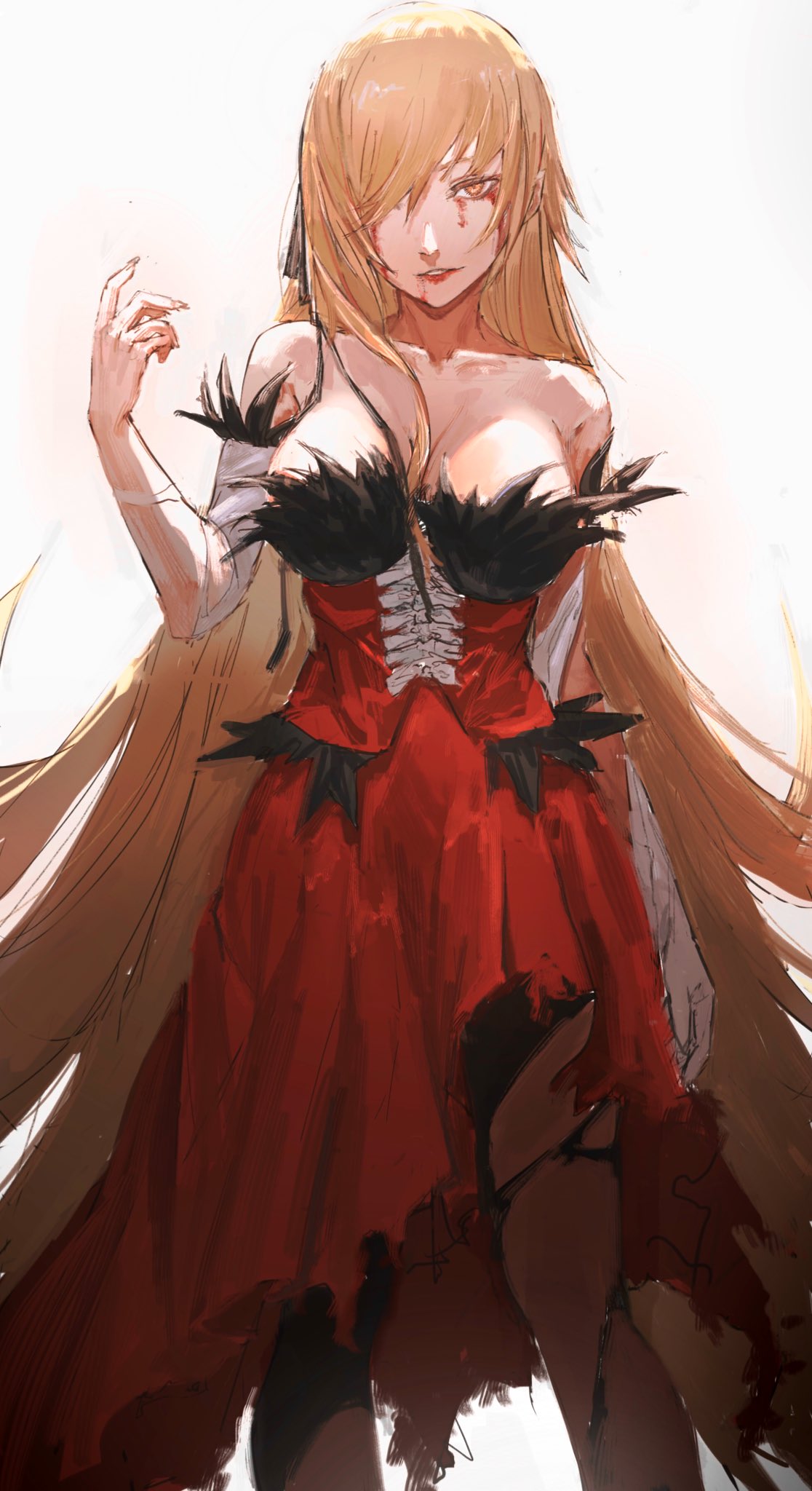 ._(kometto333) 1girl bare_shoulders black_ribbon blonde_hair blood blood_on_face breasts collarbone dress elbow_gloves gloves hair_between_breasts hair_over_one_eye hair_ribbon hashtag_only_commentary highres kiss-shot_acerola-orion_heart-under-blade kizumonogatari large_breasts lipstick long_hair looking_at_viewer makeup monogatari_(series) one_eye_covered oshino_shinobu parted_lips pointy_ears red_dress red_lips ribbon sidelocks simple_background solo standing strapless strapless_dress teeth torn_clothes torn_gloves very_long_hair white_background white_gloves yellow_eyes