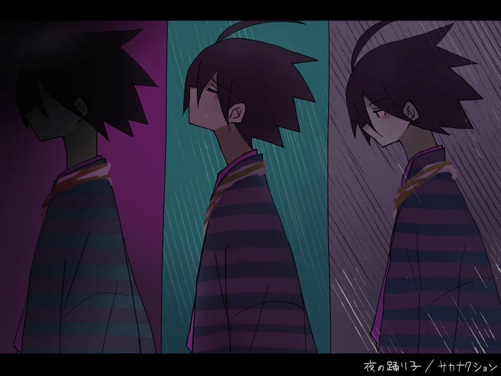 1boy ahoge arms_at_sides black_hair closed_eyes column_lineup crying from_side itoshiki_nozomu japanese_clothes kimono letterboxed magusagari male_focus no_mouth noose rain sayonara_zetsubou_sensei short_hair striped_clothes striped_kimono translation_request