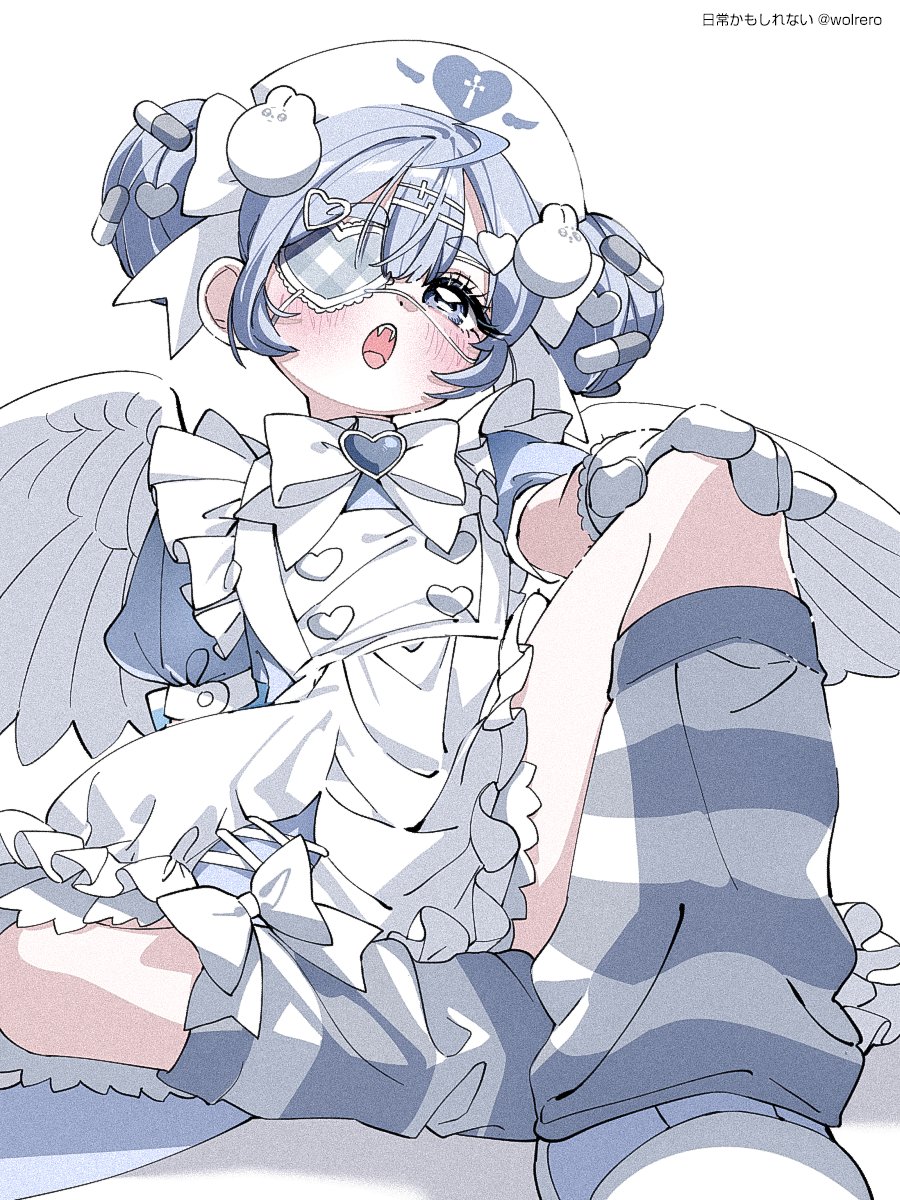 1girl ahoge angel_wings apron arm_support blue_eyes blue_footwear blue_hair blue_socks blush bow bowtie brooch buttons character_request commentary_request copyright_request cross-laced_apron dot_nose double-parted_bangs double_bun eyepatch fangs film_grain flat_chest foreshortening frilled_apron frills from_below full_body gloves hair_bun hair_ornament hair_ribbon hand_on_own_knee hat head_tilt heart heart_brooch heart_button heart_eyepatch heart_hair_ornament highres jewelry light_blue_dress light_blue_hair looking_at_viewer loose_socks multiple_hairpins nurse_cap open_mouth pill_hair_ornament puffy_short_sleeves puffy_sleeves rabbit_hair_ornament ribbon shoes short_sleeves sidelocks simple_background sitting sneakers socks solo spread_legs striped_clothes striped_socks thick_eyebrows white_apron white_background white_footwear white_gloves white_headdress white_ribbon white_socks wings wolrero