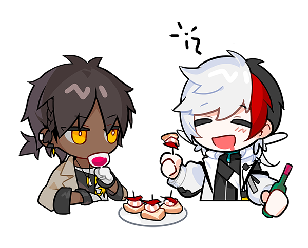 2boys arknights black_hair black_shirt bottle bright_pupils brown_jacket chibi closed_eyes commentary cup dark-skinned_male dark_skin drinking drinking_glass drooling eating elysium_(arknights) feather_hair food food_request gloves hand_up holding holding_bottle holding_cup jacket jewelry looking_at_viewer male_focus multicolored_hair multiple_boys necklace nsi_(2312_0120) open_mouth plate red_hair shirt short_hair short_ponytail simple_background thorns_(arknights) undershirt white_background white_gloves white_hair white_jacket white_pupils white_shirt wine_bottle wine_glass yellow_eyes