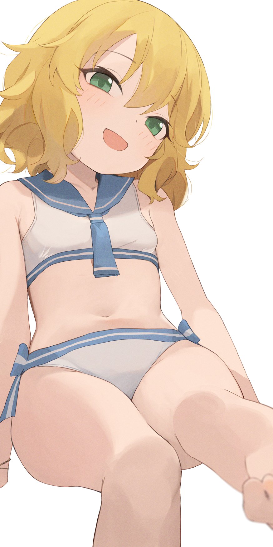 1girl :d blonde_hair blue_sailor_collar blush flat_chest green_eyes highres hiroki_(yyqw7151) idolmaster idolmaster_cinderella_girls legs looking_at_viewer navel open_mouth sailor_bikini sailor_collar sailor_swimsuit_(idolmaster) sakurai_momoka short_hair simple_background smile solo thighs white_background