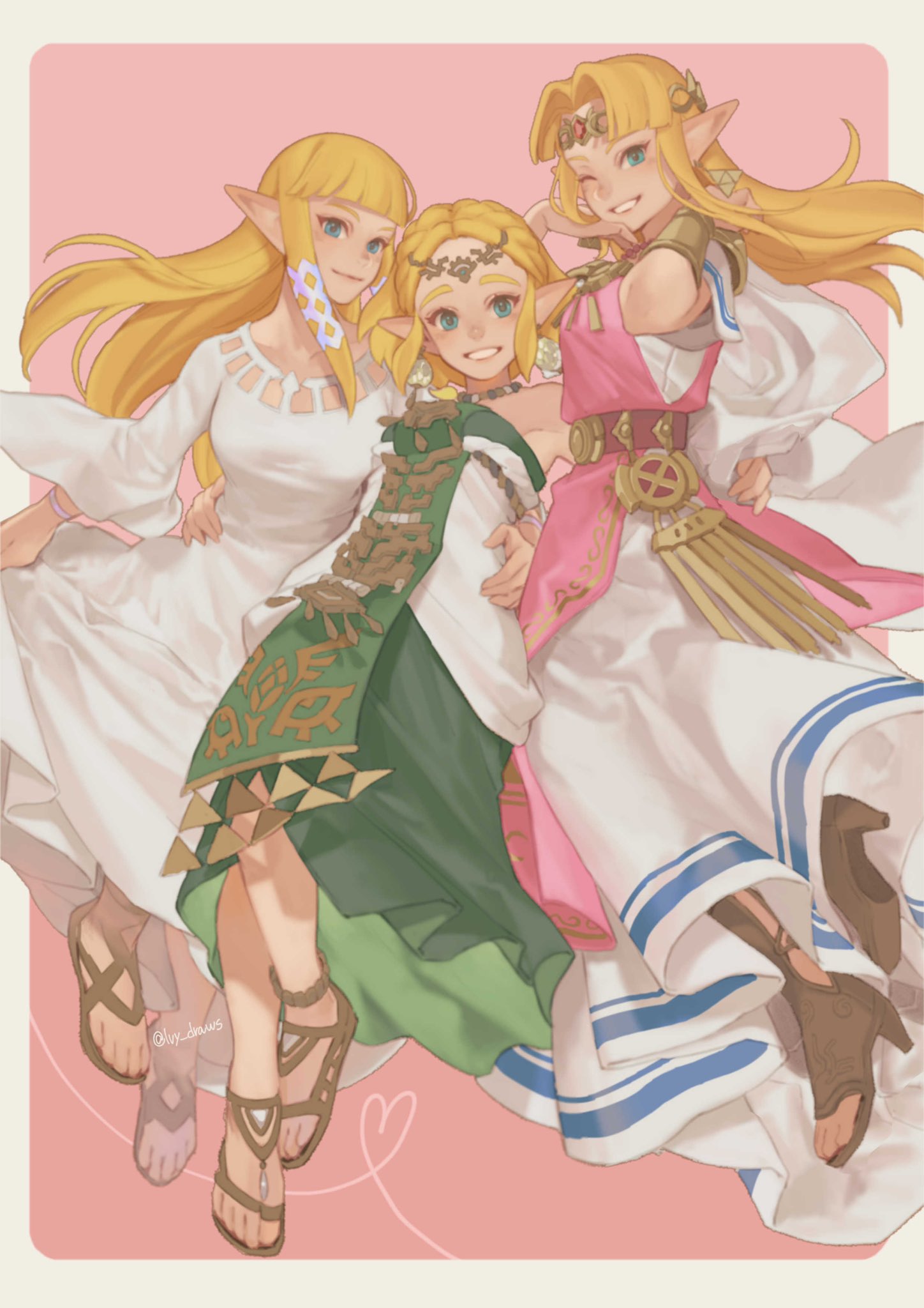 3girls arm_around_waist belt blonde_hair blue_eyes blunt_bangs dress green_eyes high_heels highres in-franchise_crossover ivy_(sena0119) long_hair multiple_girls parted_bangs pointy_ears princess_zelda sandals short_hair the_legend_of_zelda the_legend_of_zelda:_a_link_between_worlds the_legend_of_zelda:_skyward_sword the_legend_of_zelda:_tears_of_the_kingdom tiara toeless_footwear white_dress