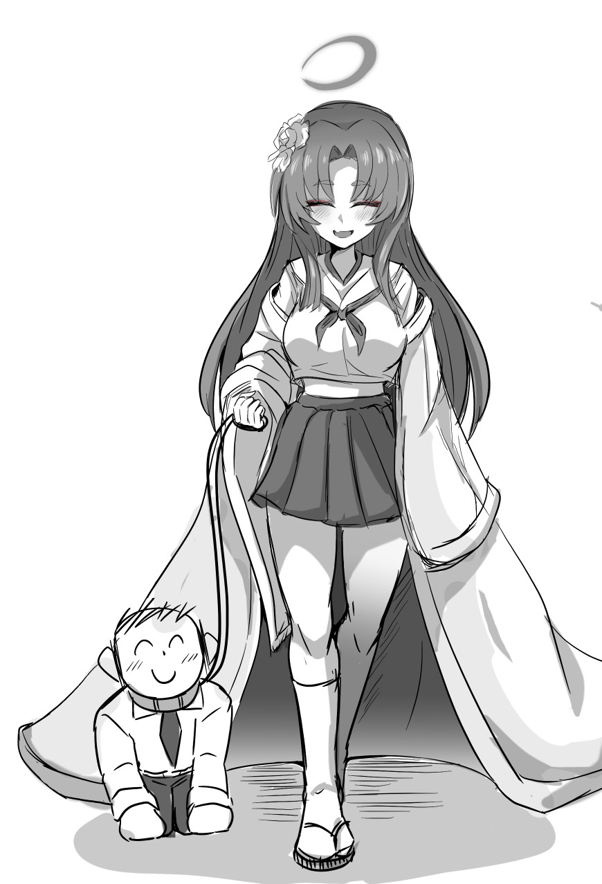 1boy 1girl all_fours blue_archive blush breasts closed_mouth coat commentary_request crescent_halo doodle_sensei_(blue_archive) flower full_body greyscale hair_flower hair_ornament halo highres holding holding_leash large_breasts leash long_hair long_sleeves monochrome necktie open_mouth parted_bangs pet_play pleated_skirt sandals school_uniform sensei_(blue_archive) serafuku shiro_beer simple_background skirt smile tabi walking yukari_(blue_archive) zouri