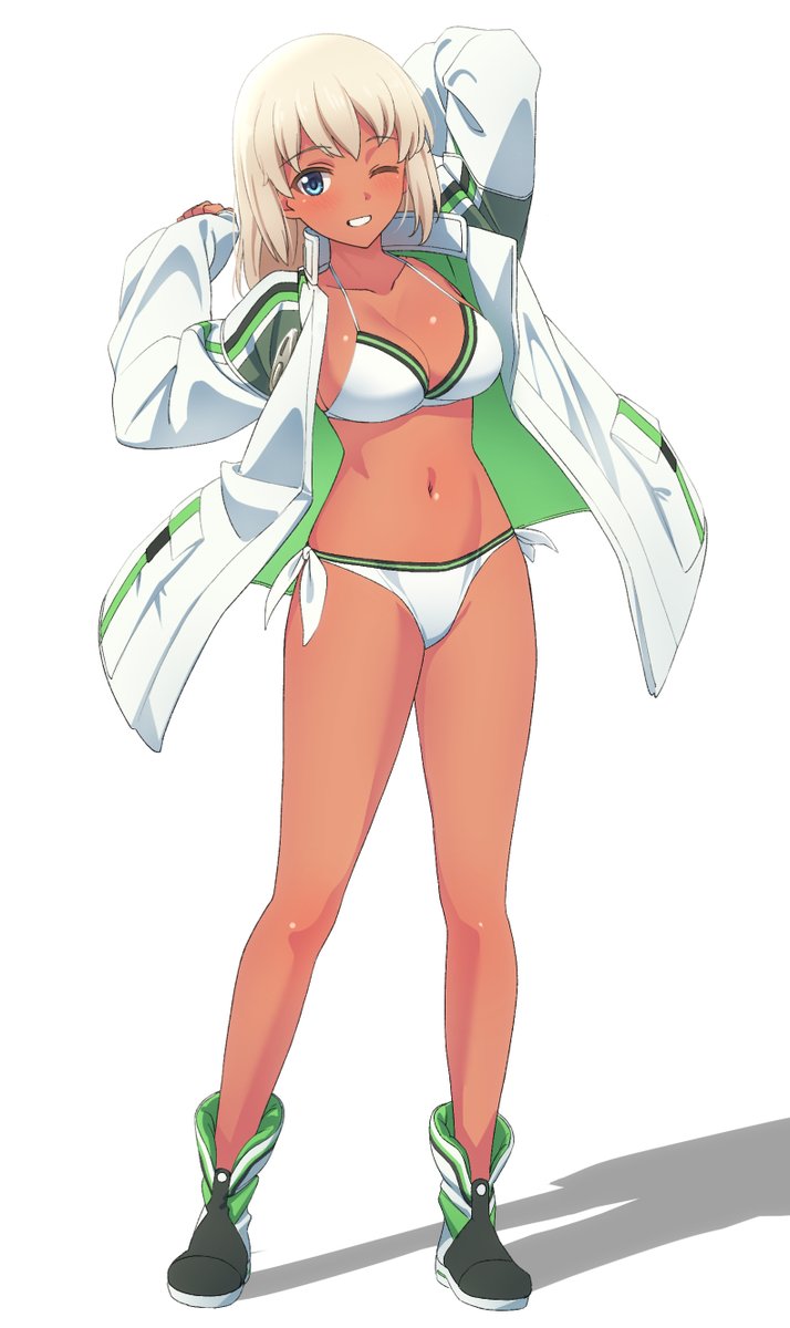 1girl alice_gear_aegis bikini black_footwear blonde_hair blue_eyes blush breasts cleavage full_body grin highres ivry_hadd jacket long_hair looking_at_viewer one_eye_closed open_clothes open_jacket shoes side-tie_bikini_bottom simple_background smile solo standing swimsuit tan unpasu white_background white_bikini white_jacket