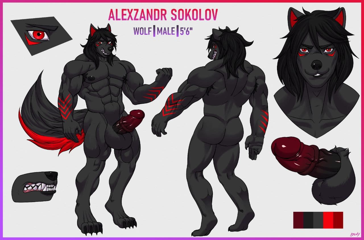 abs alexzandr_sokolov anthro arm_markings armpit_hair balls besky_(artist) biceps black black_hair black_tail body_hair butt canid canine canis digital_media_(artwork) digitigrade fur genitals gradient_penis hair long_hair looking_at_viewer male mammal markings medial_ring model_sheet muscular muscular_male pecs penis red_ears red_eyes red_markings red_tail smile smirk snout solo tail wolf