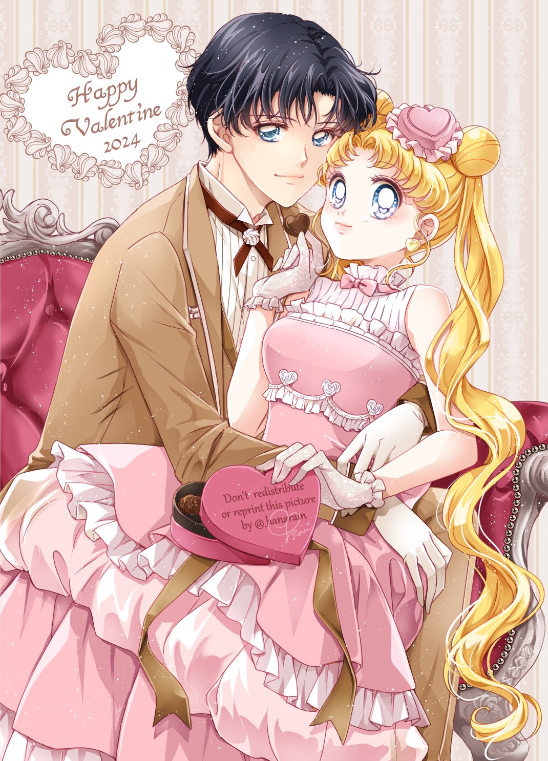 1boy 1girl bishoujo_senshi_sailor_moon black_hair blonde_hair blue_eyes brown_suit chiba_mamoru double_bun dress gloves hair_bun highres hug long_hair pink_dress pink_headwear sarashina_kau short_hair sleeveless sleeveless_dress smile suit tsukino_usagi twintails white_gloves