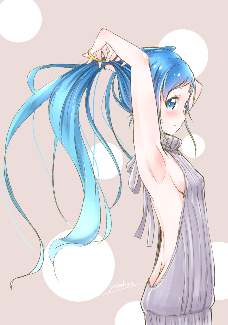adjusting_hair alternate_costume armpits arms_up backless_dress backless_outfit bangs bare_back blue_eyes blue_hair breasts commentary_request dress from_side gradient_hair halterneck kantai_collection long_hair looking_at_viewer meme_attire multicolored_hair naked_sweater ribbed_sweater samidare_(kantai_collection) sideboob small_breasts smile solo sweater sweater_dress swept_bangs turtleneck turtleneck_sweater tying_hair upper_body very_long_hair virgin_killer_sweater yokoshima_(euphoria)