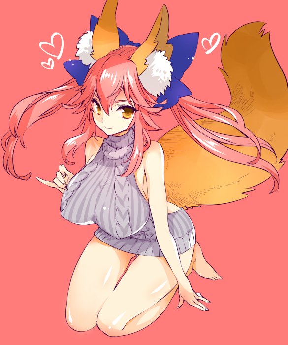 animal_ears backless_dress backless_outfit barefoot blush bow breasts dress fate/extra fate_(series) fox_ears fox_tail full_body hair_bow halterneck heart impossible_clothes impossible_sweater kettle21 kneeling large_breasts long_hair looking_at_viewer meme_attire pink_background pink_hair ribbed_sweater sidelocks simple_background smile solo sweater sweater_dress tail tamamo_(fate)_(all) tamamo_no_mae_(fate) turtleneck turtleneck_sweater twintails virgin_killer_sweater yellow_eyes