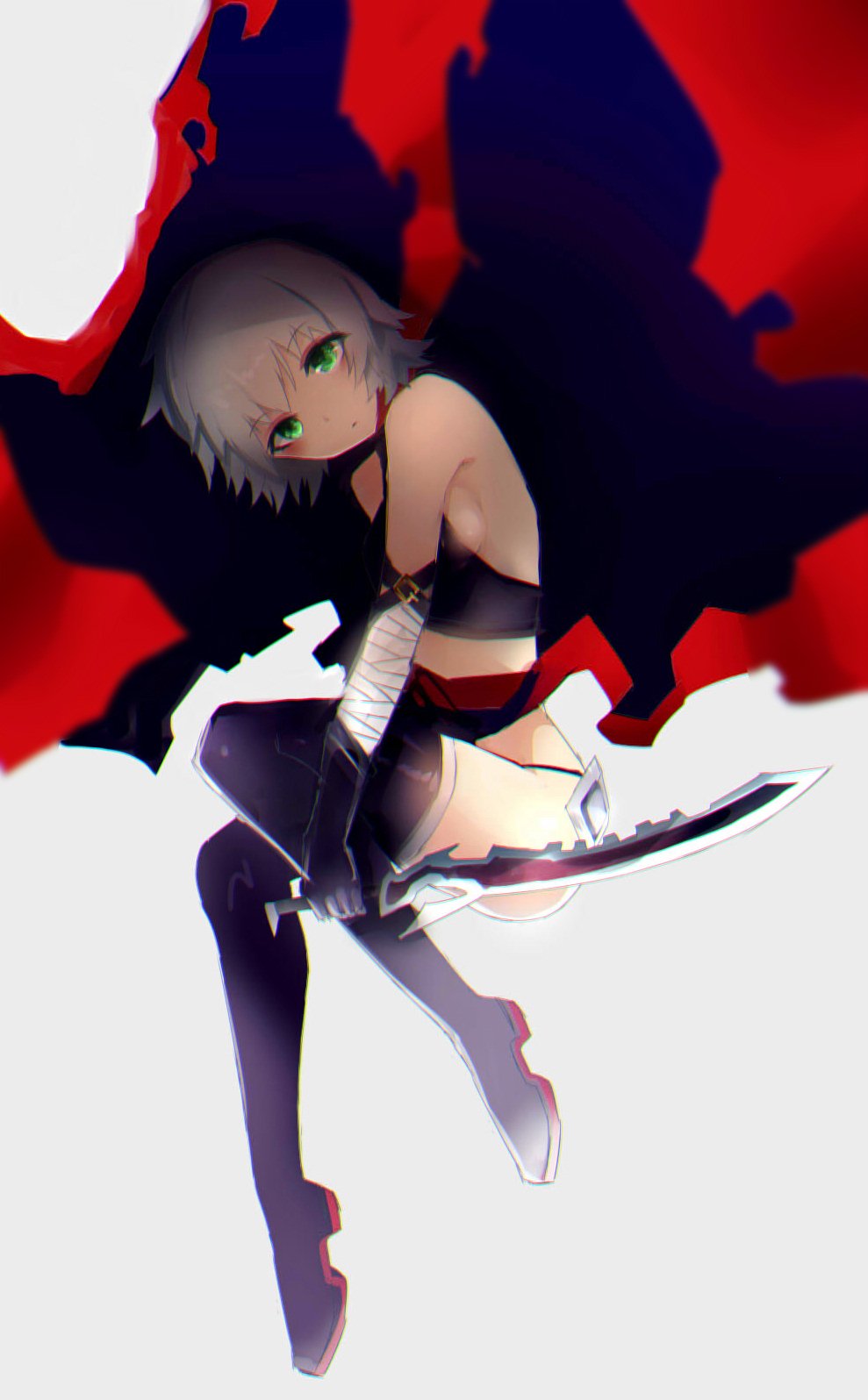 armpits bandages bangs bare_shoulders black_gloves black_legwear blush breasts chiruru96 cloak closed_mouth commentary dagger fate/apocrypha fate_(series) from_side full_body gloves green_eyes grey_hair highres holding holding_weapon jack_the_ripper_(fate/apocrypha) looking_at_viewer looking_to_the_side short_hair sideboob small_breasts solo thighhighs weapon