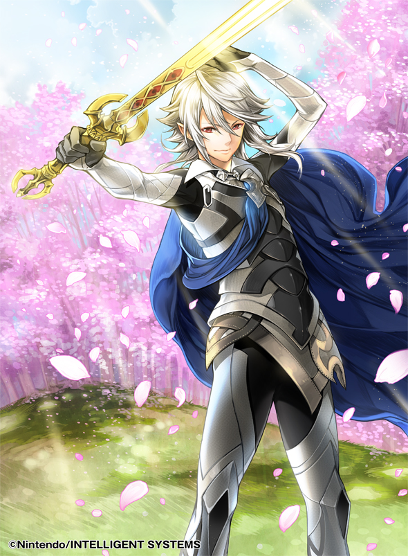 1boy arm_up armor black_panties cherry_blossoms fire_emblem fire_emblem_cipher fire_emblem_if floating_hair gloves grey_gloves holding holding_sword holding_weapon long_hair looking_at_viewer male_focus male_my_unit_(fire_emblem_if) my_unit_(fire_emblem_if) nintendo official_art outdoors outstretched_arm panties pointy_ears red_eyes silver_hair solo standing sunlight sword toyota_saori underwear weapon