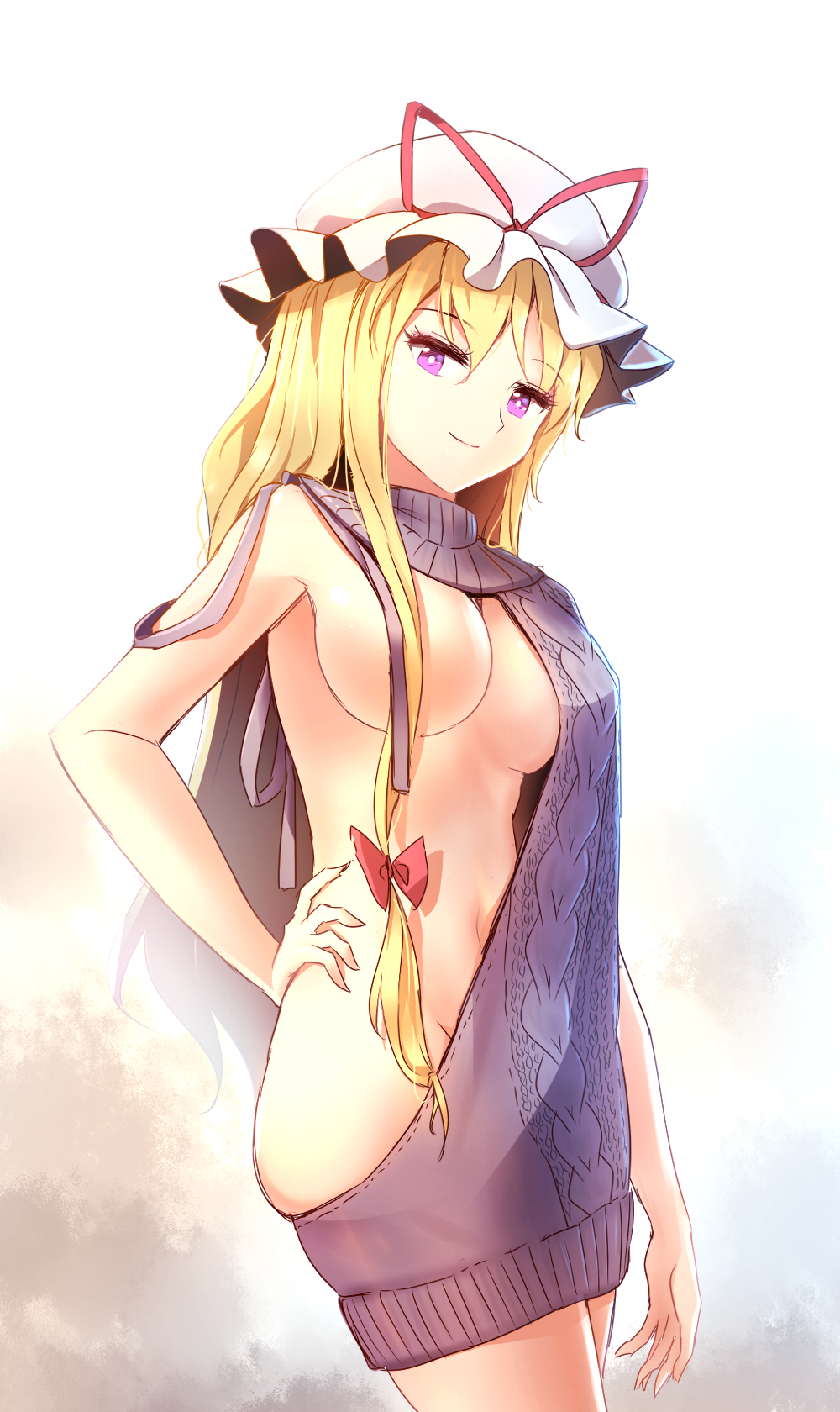 alternate_costume ass backless_dress backless_outfit bangs blonde_hair bow breasts cowboy_shot dress from_side gradient gradient_background hair_bow hair_censor half-closed_eyes halterneck hand_on_hip hat hat_ribbon highres long_hair looking_at_viewer looking_to_the_side medium_breasts meme_attire minust mob_cap naked_sweater navel pink_background purple_background purple_eyes purple_sweater ribbon shiny shiny_skin sketch smile solo stomach sweater sweater_dress thighs touhou turtleneck turtleneck_sweater virgin_killer_sweater white_background yakumo_yukari