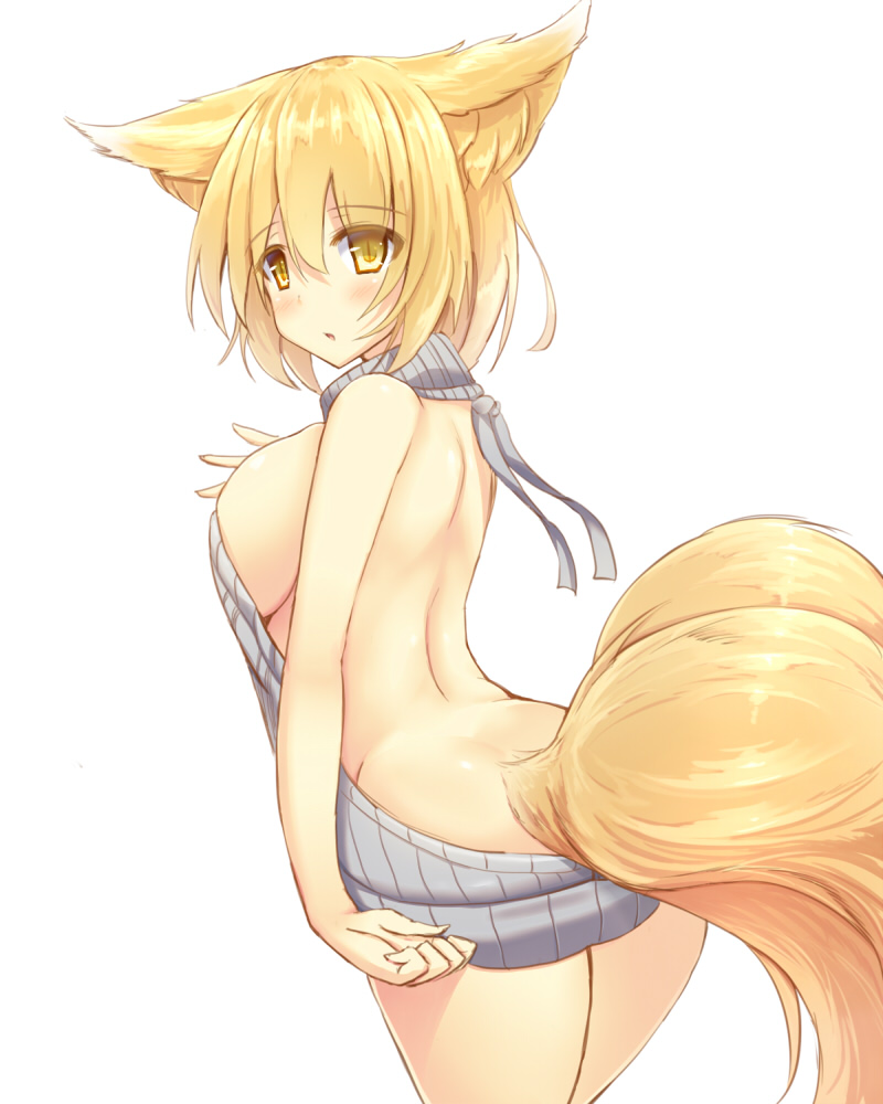 alternate_costume animal_ears backless_dress backless_outfit bangs bare_arms bare_back bare_shoulders blonde_hair blush breasts check_commentary commentary_request cowboy_shot dress fox_ears fox_tail from_side halterneck large_breasts liya looking_at_viewer looking_to_the_side meme_attire multiple_tails naked_sweater no_hat no_headwear no_panties parted_lips revealing_clothes ribbed_sweater short_dress sideboob slit_pupils solo sweater sweater_dress tail touhou turtleneck turtleneck_sweater virgin_killer_sweater yakumo_ran yellow_eyes