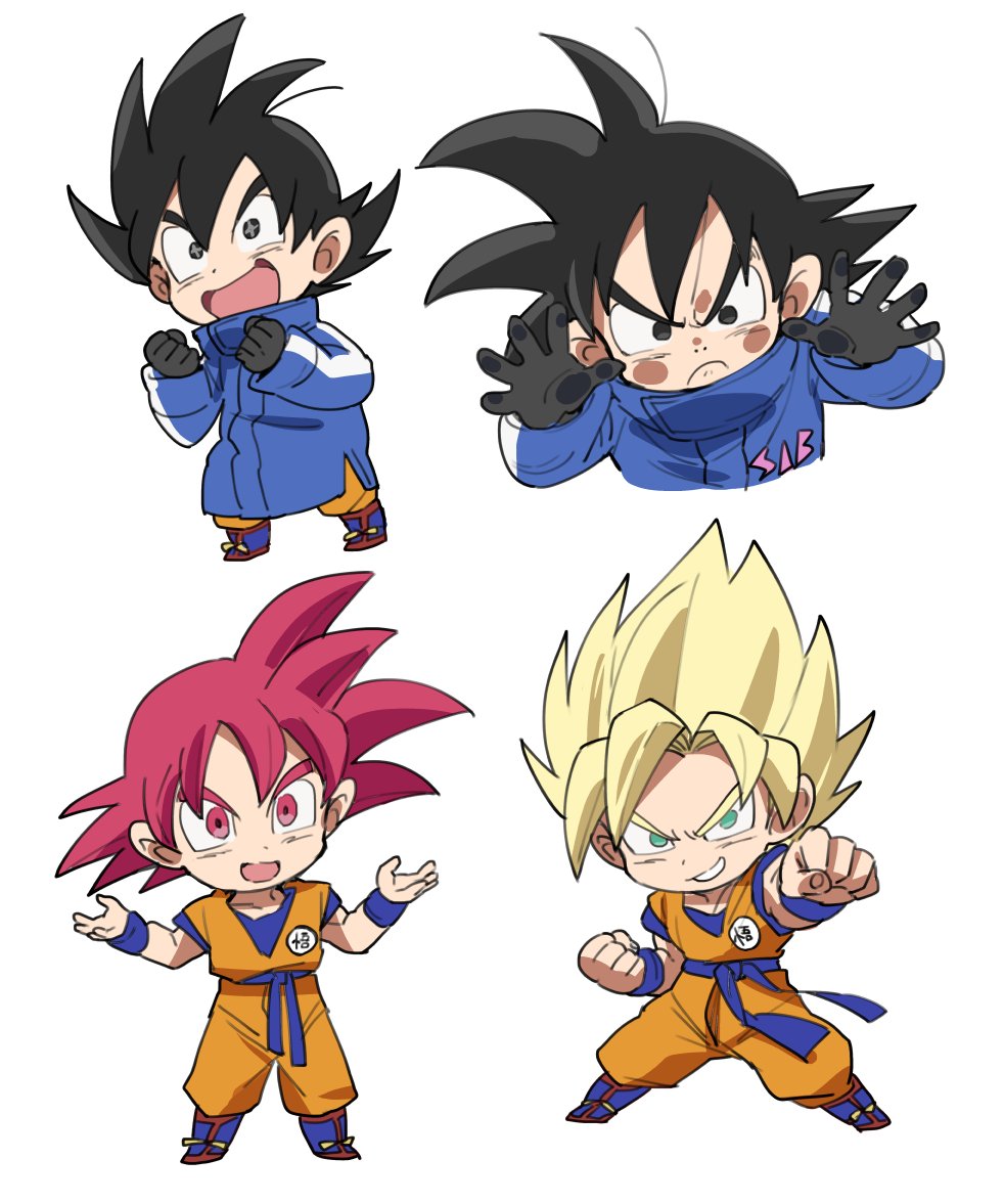 &gt;:| 1boy :d against_glass annoyed bidarian black_eyes black_gloves black_hair blonde_hair blue_coat boots chibi clenched_hands coat dougi dragon_ball dragon_ball_super dragon_ball_super_broly dragonball_z excited fighting_stance fingernails frown full_body gloves green_eyes happy looking_away male_focus open_mouth outstretched_arm red_eyes red_hair short_hair simple_background smile son_gokuu sparkling_eyes spiked_hair super_saiyan super_saiyan_god upper_body white_background winter_clothes wristband