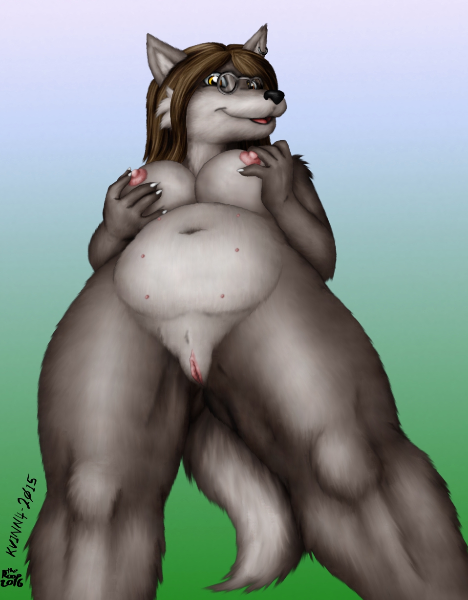 2015 2016 anthro areola breasts brown_hair canine eyewear female fur glasses grey_fur hair mammal multi_nipple navel nipples pussy solo vkyrie wolf