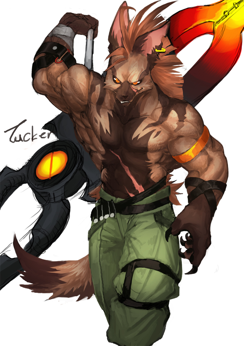 2014 5_fingers abs angry anthro armpits belt biceps big_muscles big_weapon black_claws brown_fur brown_hair claws clothed clothing digital_media_(artwork) ear_piercing fangs fur gompriest hair hand_behind_head hyena long_ears looking_away male mammal melee_weapon multicolored_fur muscular muscular_male orange_eyes pants pecs piercing pointy_ears raised_arm scar sharp_teeth simple_background smile solo teeth topless two_tone_fur vein walking weapon white_background