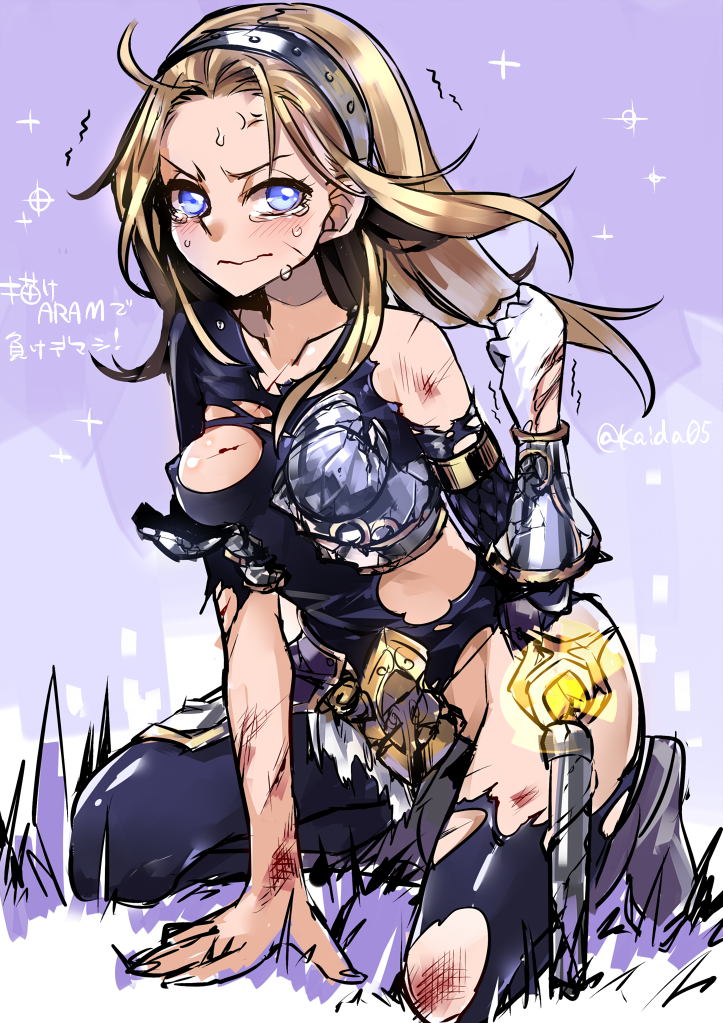 ahoge anger_vein arm_guards arm_support armor bare_shoulders black_legwear blonde_hair blood blue_eyes blush bodysuit breastplate breasts broken_armor clenched_hand closed_mouth collarbone crying crying_with_eyes_open frown gloves glowing grass grey_background hairband injury kaida_michi kneeling league_of_legends looking_at_viewer luxanna_crownguard medium_breasts metal_hairband motion_lines single_glove sketch sparkle tears thighhighs torn_bodysuit torn_clothes torn_legwear trembling twitter_username upset ward wavy_mouth white_gloves