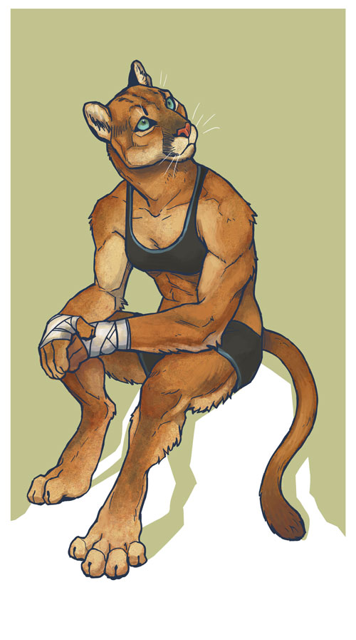 2015 4_toes anthro blue_eyes clothed clothing cougar feline female hand_wraps keaze mammal solo toes wraps