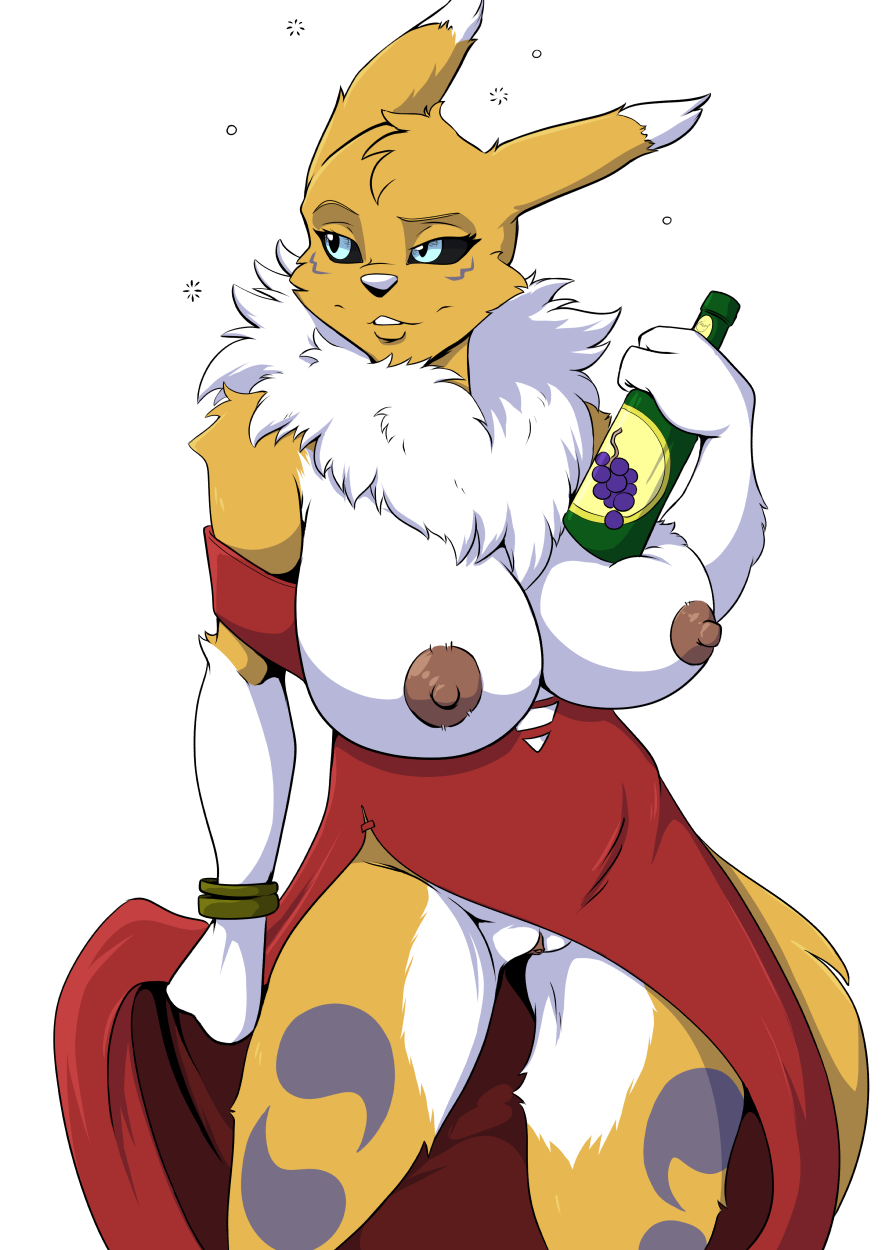 2017 alcohol alpha_channel anthro areola beverage big_breasts black_sclera blue_eyes bottle breasts canine clitoris clothed clothing digimon dress drunk female fox fur half-closed_eyes huge_breasts mammal nipples partially_clothed pink_nipples pussy renamon solo tuft white_fur yawg yellow_fur