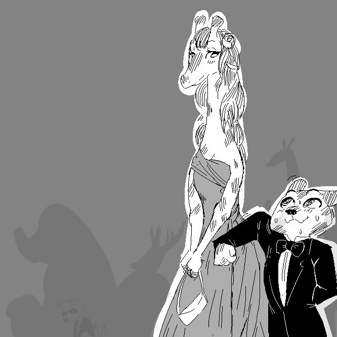 anthro bow_tie classy clothed clothing desmond_(zootopia_fan_character) disney dress feline female fur giraffe group horn jaguar looking_down looking_up male mammal molly_(zootopia_fan_character) monochrome replytoanons size_difference suit sweat zootopia