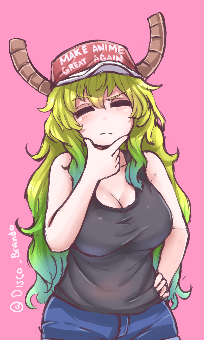 baseball_cap blonde_hair breasts chin_stroking cleavage closed_eyes commentary disco_brando dragon_girl gradient_hair green_hair hand_on_hip hat headwear_writing horns kobayashi-san_chi_no_maidragon large_breasts long_hair make_america_great_again multicolored_hair pink_background quetzalcoatl_(maidragon) shorts simple_background solo source_quote_parody tank_top twitter_username wavy_hair
