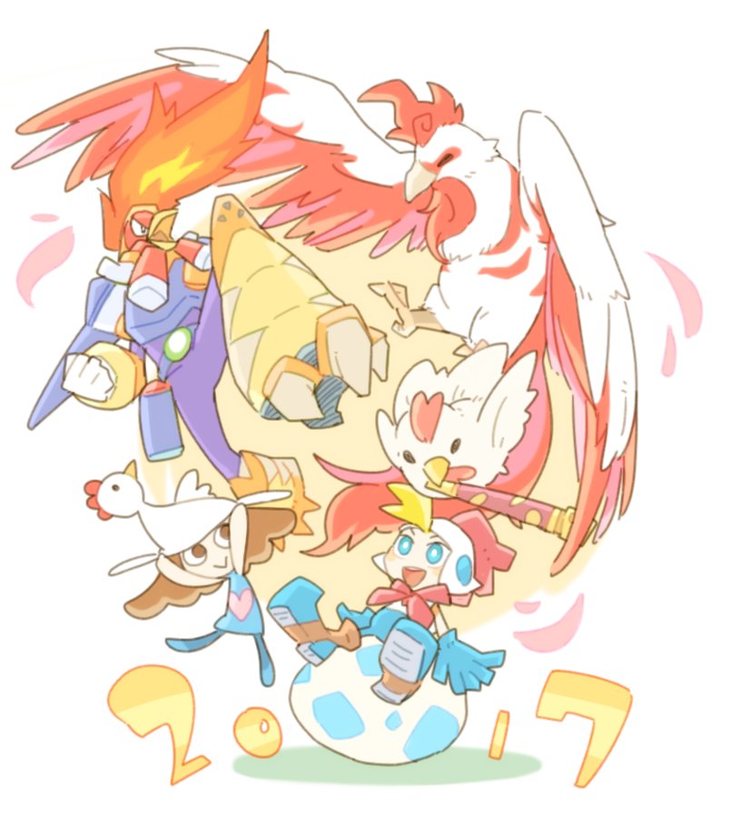 2017 billy_hatcher billy_hatcher_and_the_giant_egg bird blonde_hair blue_eyes bright_pupils brown_eyes brown_hair burn_kokekokker capcom character_request chicken chinese_zodiac company_connection egg fire moegami moegami's_child nengajou new_year ookami_(game) phoenix robot rockman rockman_x rockman_x8 rooster_hood simple_background sitting smile trait_connection white_background year_of_the_rooster ziro_(daydozen)