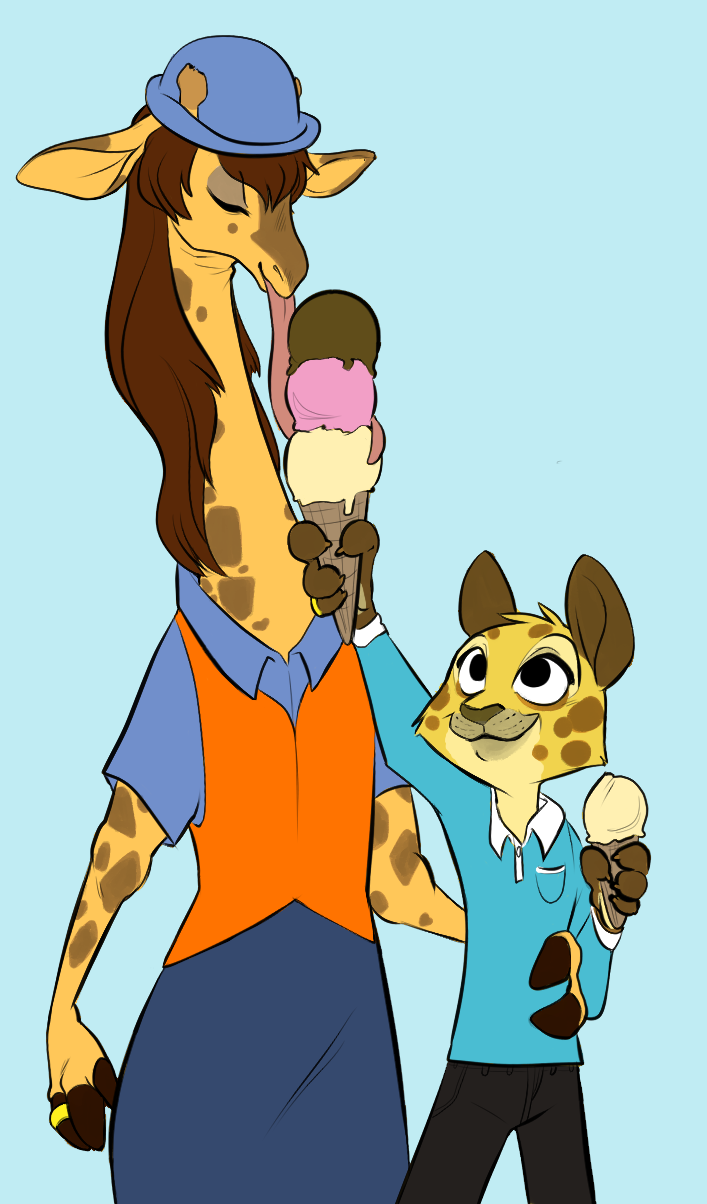 briskby clothing desmond_(zootopia_fan_character) disney fan_character feline giraffe husband_and_wife ice_cream_cone jaguar mammal molly_(zootopia_fan_character) ring safety_vest size_difference uniform wedding_ring zootopia