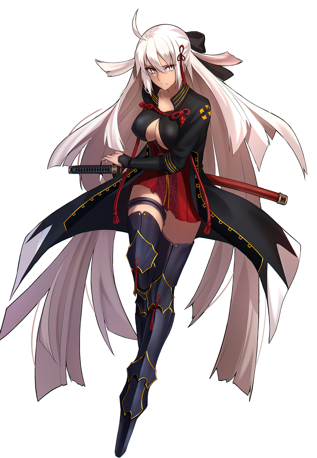 1girl ahoge black_bow black_footwear boots bow breasts cleavage closed_mouth commentary_request dress fate/grand_order fate_(series) full_body hair_bow hair_ornament highres large_breasts long_hair looking_at_viewer okita_souji_(alter)_(fate) okita_souji_(fate)_(all) ready_to_draw red_dress serious shiguru solo sword thigh_boots thighhighs thighlet thighs very_long_hair weapon white_background white_eyes white_hair zettai_ryouiki