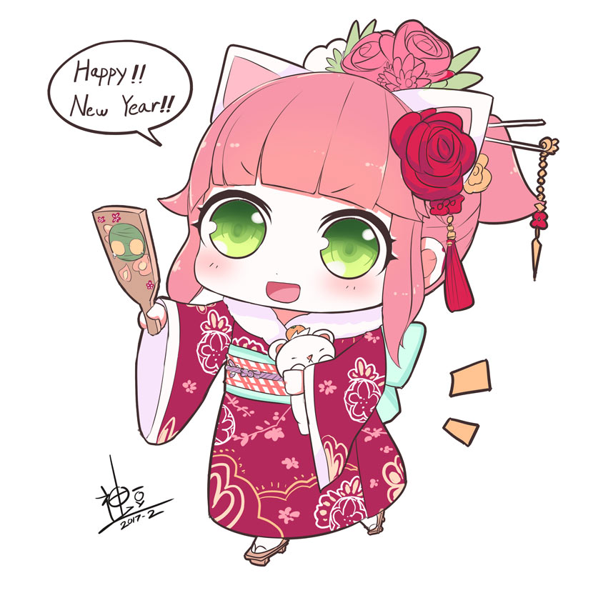 2017 :&lt; :d amumu animal_ears annie_hastur bangs beancurd blunt_bangs blush chibi dated english eyebrows_visible_through_hair floral_print flower food fruit full_body fur_collar furisode geta green_eyes hair_flower hair_ornament hair_stick hanetsuki happy_new_year holding holding_stuffed_animal japanese_clothes kanzashi kimono league_of_legends long_sleeves looking_at_viewer mandarin_orange new_year obi open_mouth outstretched_arm pink_flower pink_hair pink_rose ponytail print_kimono red_flower red_rose rose sash short_hair short_ponytail sidelocks signature simple_background smile solo speech_bubble standing stuffed_animal stuffed_toy talking tassel teddy_bear tibbers v-shaped_eyebrows white_background white_legwear wide_sleeves