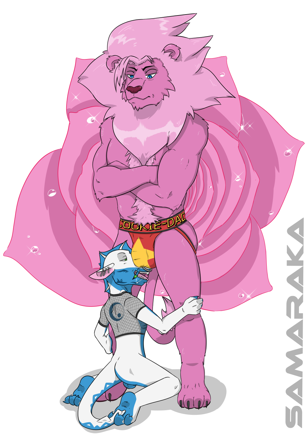 anthro anthrofied athletic balls barefoot big_dom_small_sub body_hair bulge cartoon_network clothing crest crossed_arms duo facial_piercing feline fishnet flaccid flower front_view happy_trail jockstrap kneeling lion lion_(steven_universe) lunarkin male male/male mammal mostly_nude nose_piercing nose_ring nuzzling open_mouth penis penis_outline piercing plant plantigrade rawa rose samaraka septum_piercing signature size_difference standing steven_universe underwear unimpressed worshiping