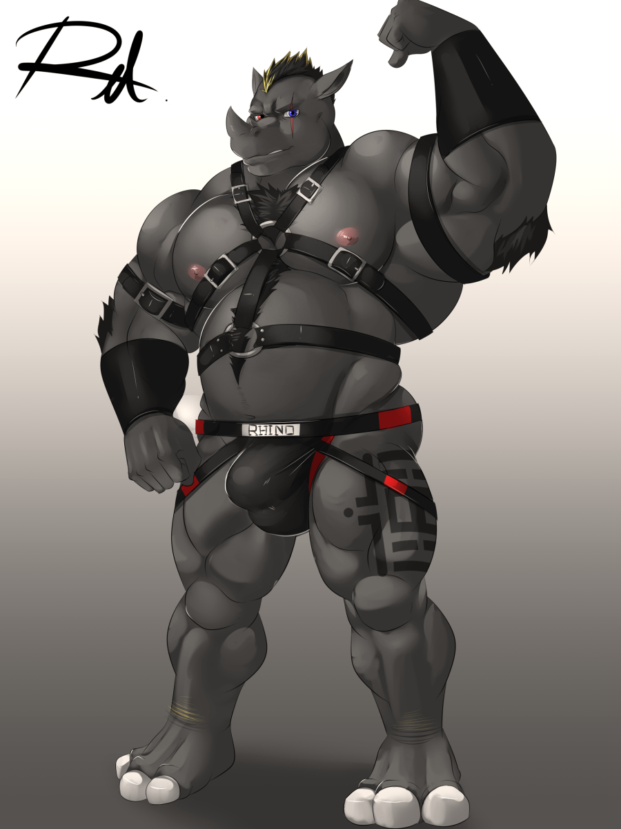 big_muscles bulge clothed clothing english_text eye_scar flexing harness horn jockstrap leather looking_at_viewer mammal musclegut muscular nipples reclamon rhinoceros scar signature standing text topless underwear