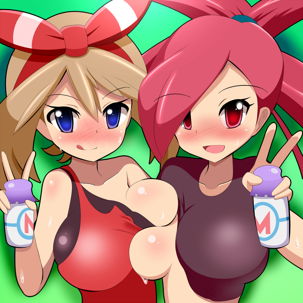 2girls :d asuna_(pokemon) bandanna blue_eyes blush breast_press breasts brown_hair gym_leader harubato haruka_(pokemon) haruka_(pokemon)_(remake) highres large_breasts licking_lips looking_at_viewer milk moomoo_milk multiple_girls one_breast_out pokemon pokemon_(game) pokemon_oras ponytail red_eyes red_hair shirt shirt_lift sweat tank_top upper_body v