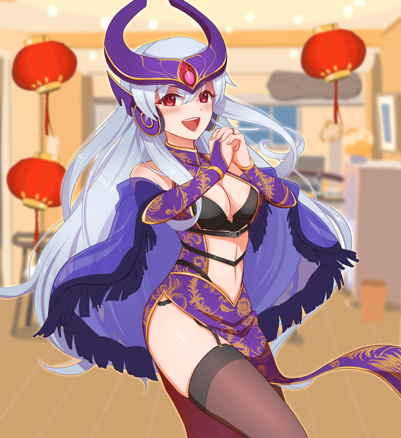 alternate_costume bare_shoulders blue_hair breasts bridal_gauntlets chan_qi_(fireworkhouse) chinese_clothes cleavage garter_straps headgear jewelry lantern large_breasts league_of_legends long_hair looking_at_viewer midriff navel open_mouth paper_lantern red_eyes ring shawl solo syndra thighhighs wedding_band