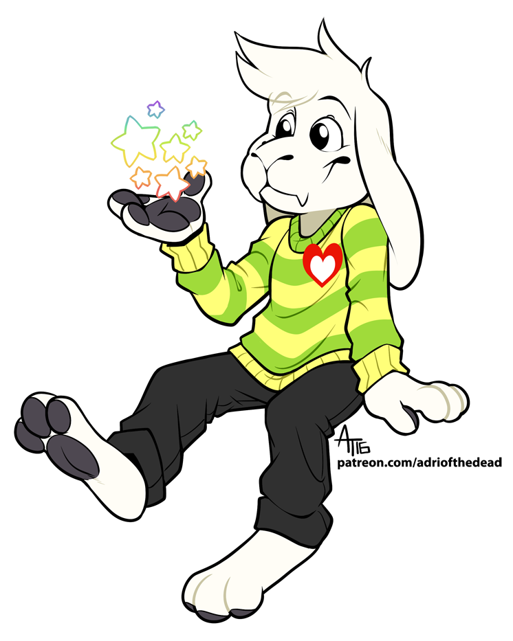 &lt;3 asriel_dreemurr boss_monster caprine child fangs fur goat long_ears mammal paws sitting solo spiderd0nuts star stripes translucent undertale video_games white_fur young
