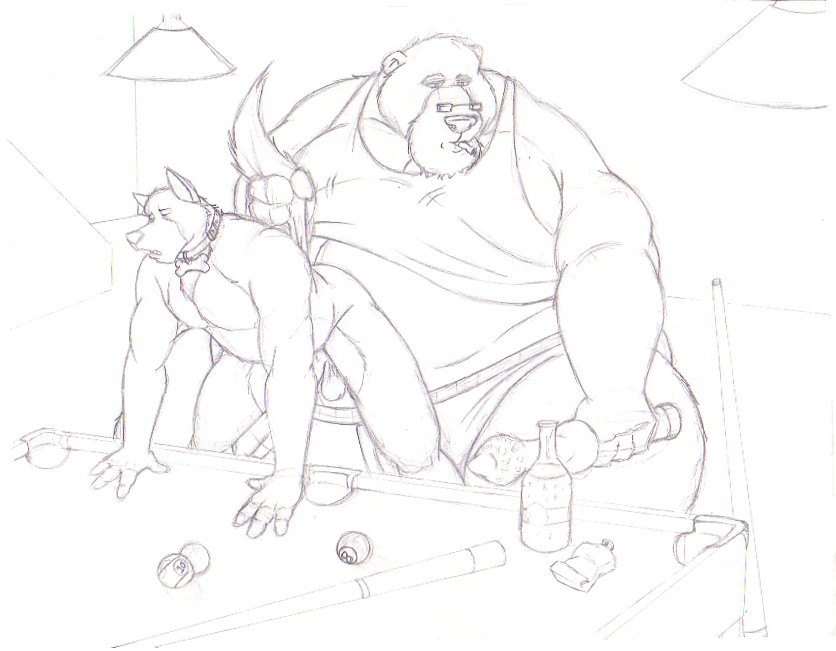 alcohol anal balls bear bent_over beverage big_dom_small_sub billiards canine collar dirtymutt dog eyewear glasses hanging_by_tail lube male male/male mammal midriff nude obese overweight size_difference smoking tail_grab toy