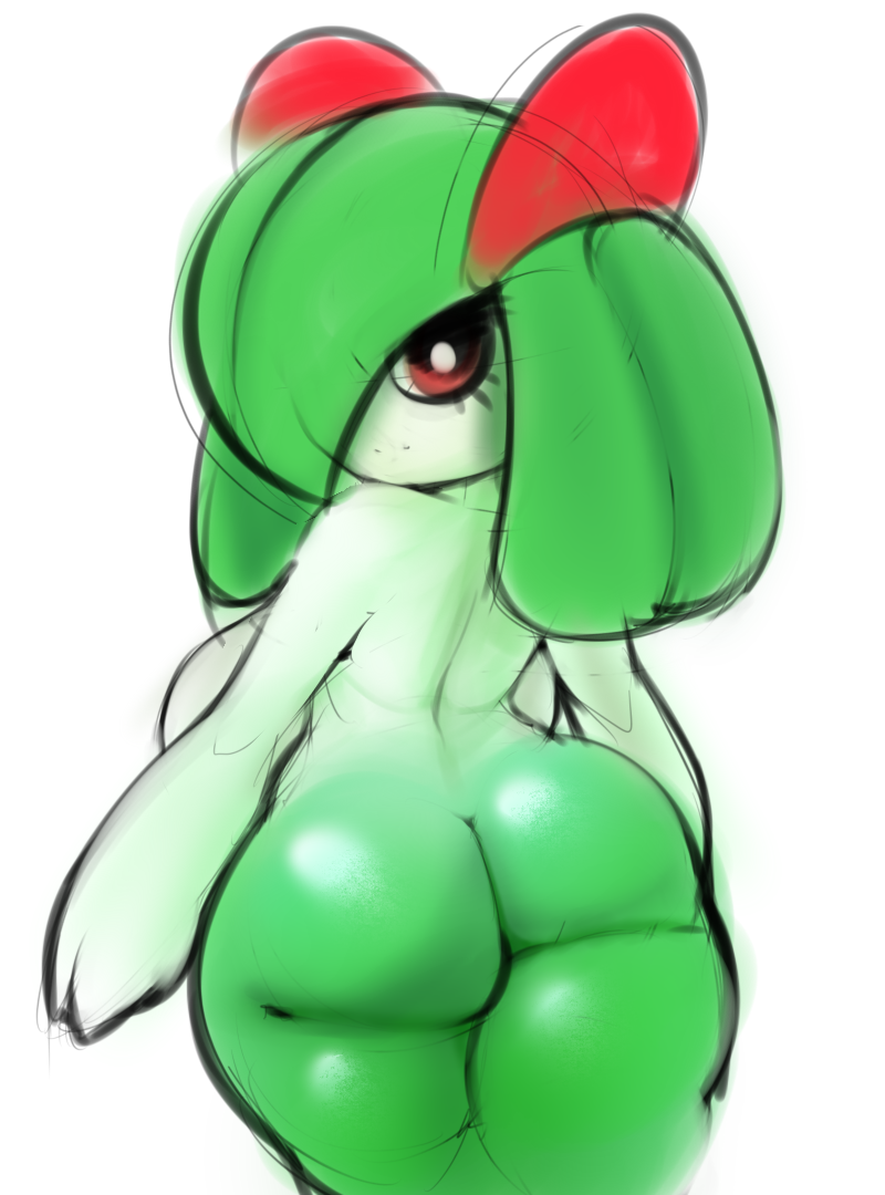 big_butt butt eyelashes female green_hair hair kirlia looking_back nintendo plantpenetrator pok&eacute;mon pok&eacute;morph red_eyes short_stack sketch video_games