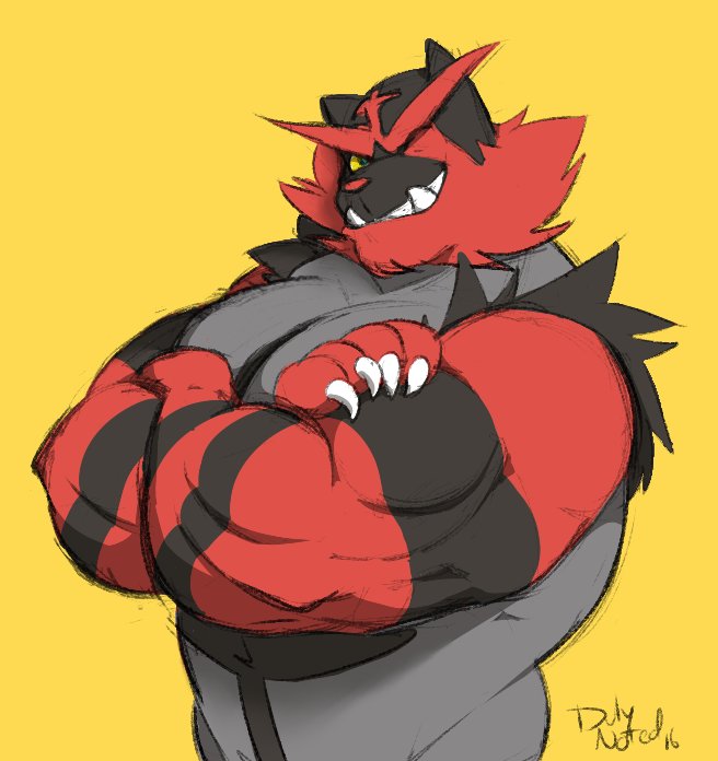 anthro big_biceps big_muscles claws crossed_arms duly_noted feline grin half-length_portrait incineroar looking_at_viewer male mammal muscular muscular_male nintendo one_eye_closed pecs pok&eacute;mon portrait simple_background solo tusks video_games wink yellow_background