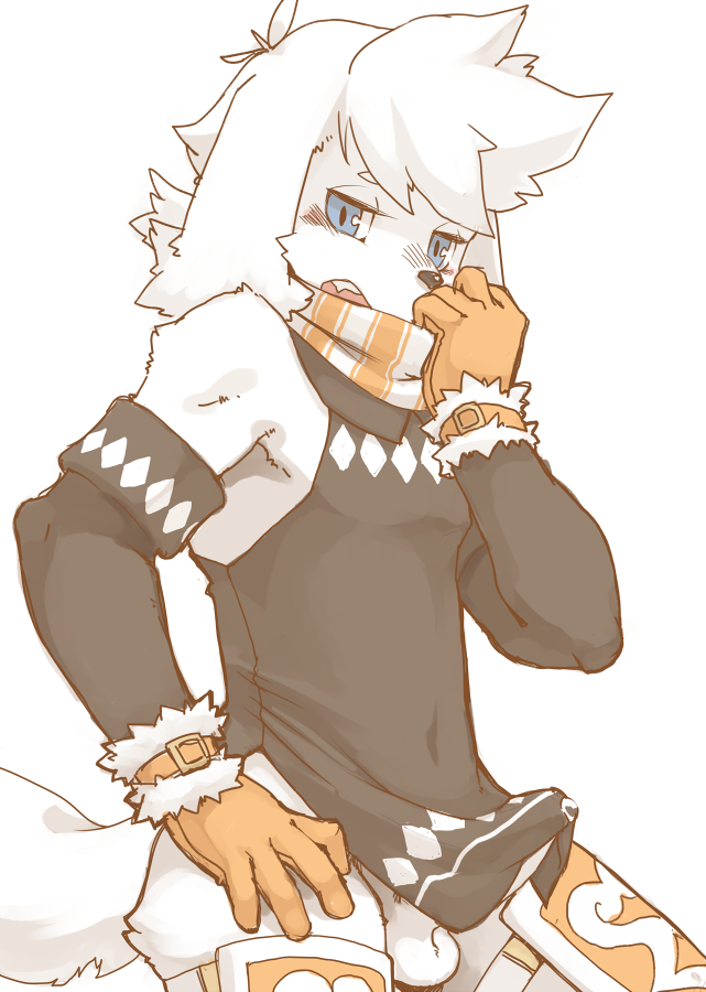anthro armwear balls blue_eyes blush canine clothed clothing dog erection fur gloves kemoisumi kemono looking_at_viewer male mammal open_mouth panashe penis precum scarf simple_background solo summon_night