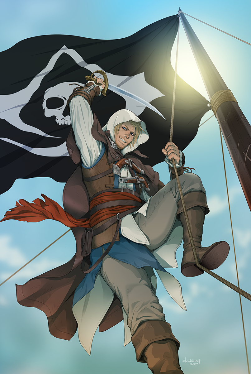 1boy assassin's_creed assassin's_creed_(series) assassin's_creed_iv:_black_flag belt blonde_hair boots clenched_hand collarbone edward_kenway facial_hair flag gb_(doubleleaf) hood long_hair pistol sash short_hair smile solo stubble sword watermark weapon yellow_eyes