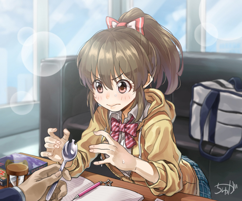 blurry blush brown_eyes brown_hair commentary_request depth_of_field hands hori_yuuko idolmaster idolmaster_cinderella_girls idolmaster_cinderella_girls_starlight_stage indoors leaning_forward lens_flare long_hair ponytail school_uniform solo_focus spoon_bending spork tyuga