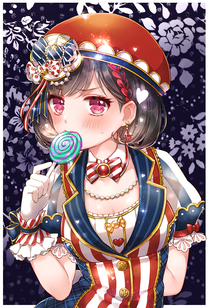 1girl arm_behind_back bang_dream! bangs black_hair blush bob_cut bow bowtie braid breasts candy chino_machiko cleavage commentary_request earrings eating embarrassed eyebrows_visible_through_hair food gloves hair_ornament hat heart holding jewelry lollipop looking_at_viewer medium_breasts mitake_ran multicolored_hair necklace orange_hat pearl_necklace pink_eyes puffy_short_sleeves puffy_sleeves short_hair short_sleeves solo streaked_hair sweatdrop upper_body white_gloves