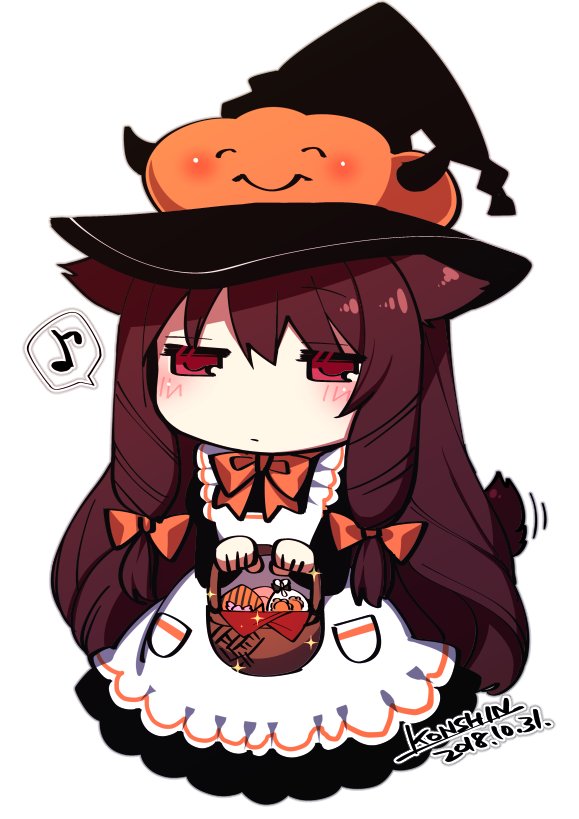 1girl apron basket black_hat blush bow bowtie brown_hair candy chibi closed_mouth commentary dated ears_down food full_body hair_bow hat holding holding_basket jack-o'-lantern jack-o'-lantern jitome konshin long_hair musical_note orange_bow orange_neckwear original red_eyes signature simple_background solo sparkle spoken_musical_note symbol_commentary very_long_hair white_apron white_background