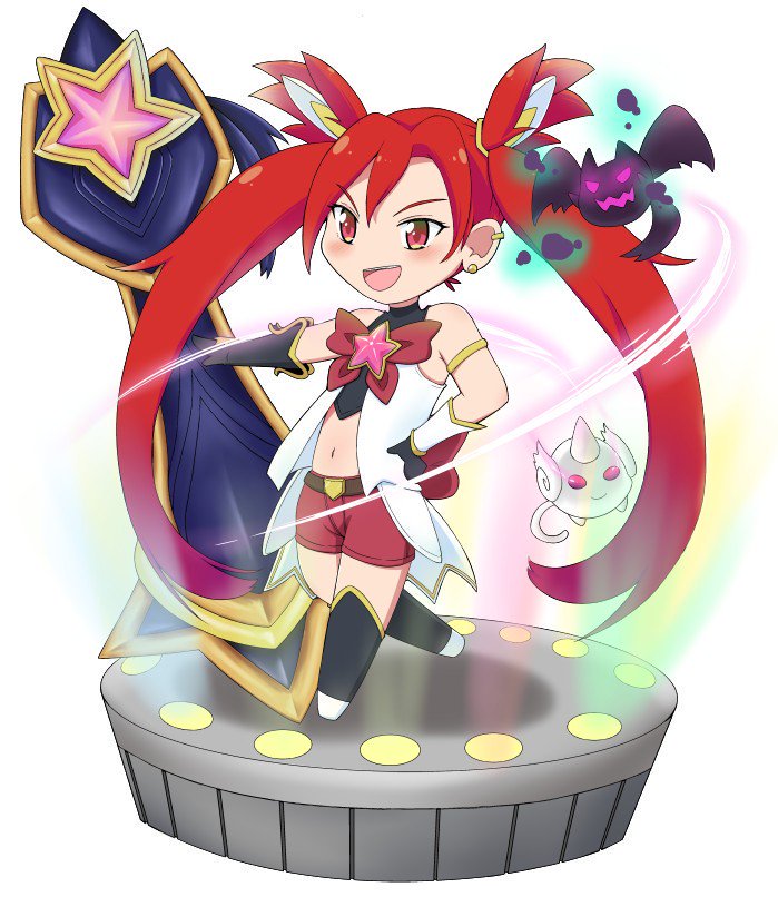 alternate_costume alternate_hair_color chibi elbow_gloves gloves grin jinx_(league_of_legends) kuro_(league_of_legends) league_of_legends long_hair magical_girl red_hair shiro_(league_of_legends) smile star_guardian_jinx thighhighs twintails very_long_hair