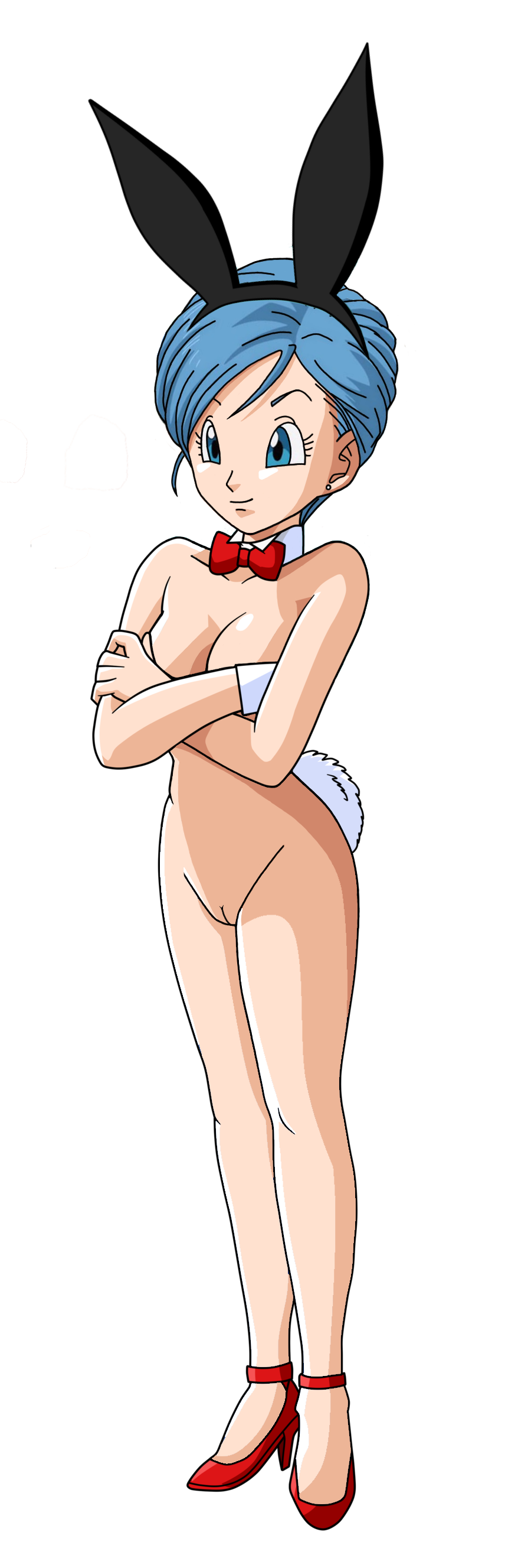 1girl bangs blue_eyes blue_hair bowtie bulma bunny_ears bunny_suit bunny_tail cleft_of_venus crossed_arms detached_collar dragon_ball_super dragonball ear_studs fake_animal_ears high_heels nude red_shoes shaved_pussy shoes short_hair simple_background solo standing tagme transparent_background uncensored wrist_cuffs