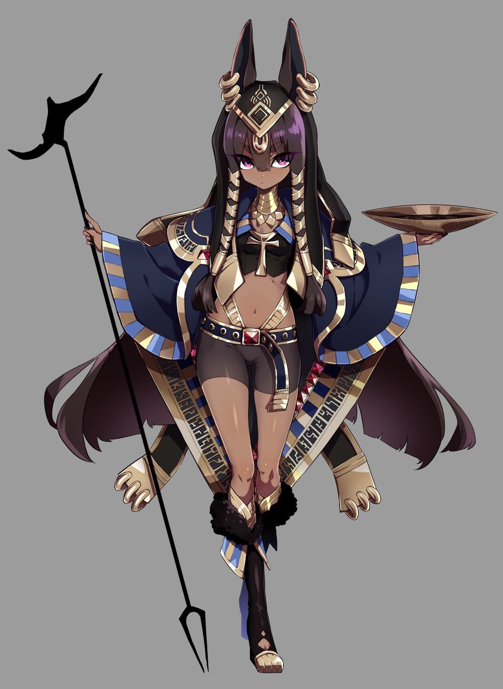 1girl animal_ears ankh belt bike_shorts black_hair breasts cape closed_mouth dark_skin ear_piercing earrings egyptian egyptian_clothes eyebrows_visible_through_hair full_body grey_background hair_between_eyes hair_tubes highres holding jewelry long_hair looking_at_viewer midriff navel neck_ring original piercing pink_eyes plate simple_background small_breasts solo staff very_long_hair westxost_(68monkey)