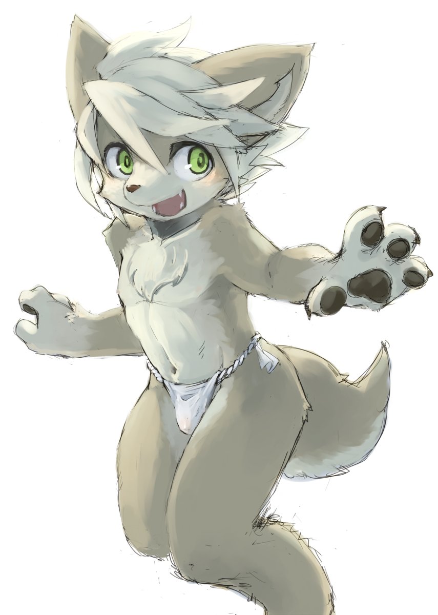 anthro bulge canine chest_tuft claws clothed clothing cub fundoshi fur green_eyes japanese_clothing kemoisumi kemono male mammal navel open_mouth pawpads simple_background smile solo tan_fur topless tuft underwear white_background young
