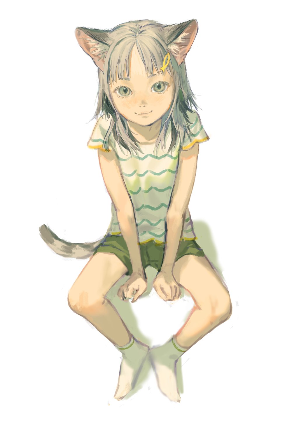 1girl :3 animal_ears bangs cat_ears cat_tail child closed_mouth commentary_request fish_hair_ornament green_eyes green_shorts grey_hair hair_ornament hairclip highres looking_at_viewer medium_hair no_shoes original parted_bangs shirt short_shorts short_sleeves shorts simple_background sitting smile socks solo striped striped_shirt tail tunapon01 white_background white_legwear
