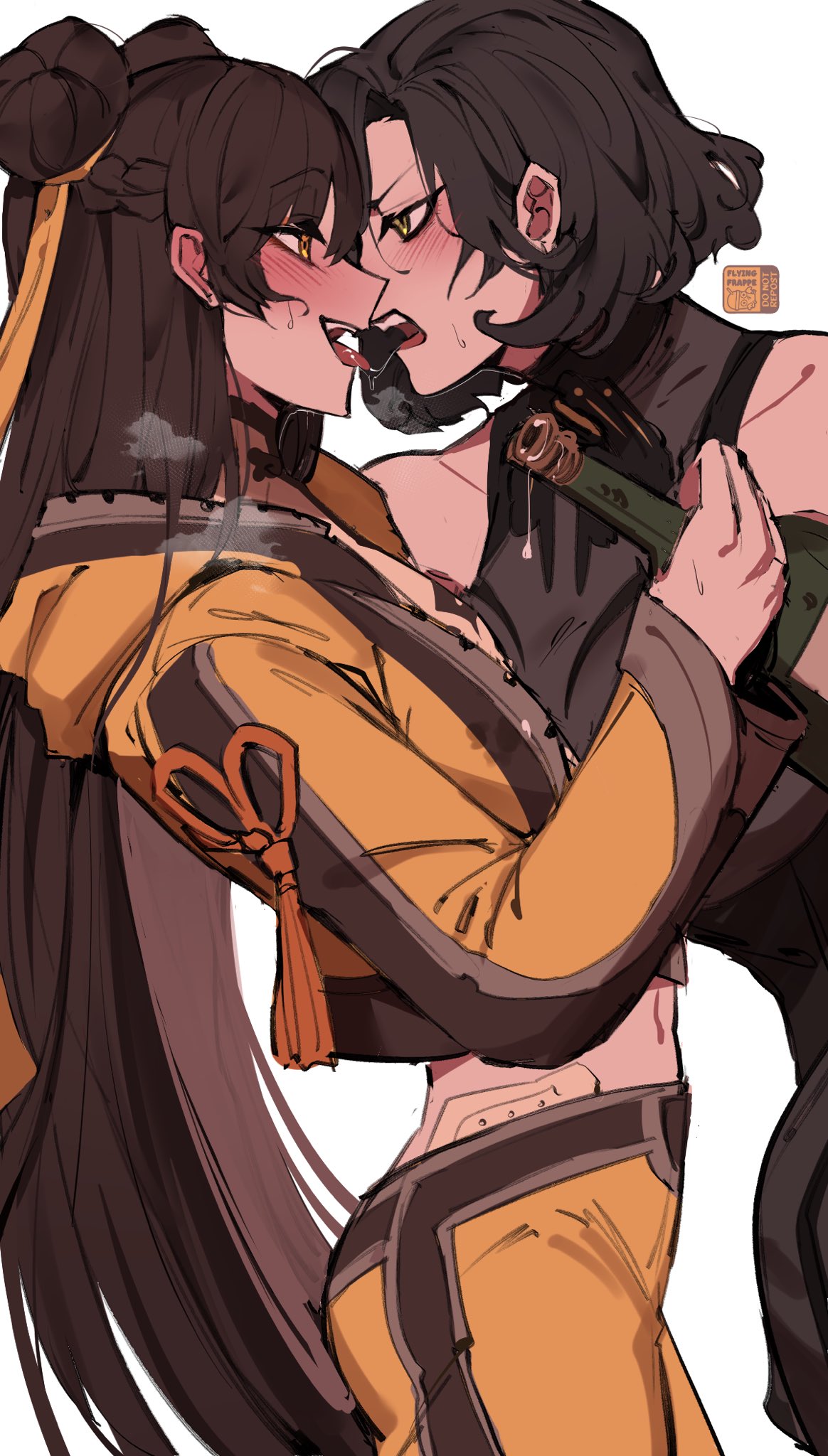 after_kiss black_survival blush bottle braid brown_hair character_request check_character cowboy_shot double_bun eternal_return:_black_survival eye_contact flying-frappuccino from_side green_eyes hair_bun hair_ribbon halterneck highres holding holding_bottle jacket li_dailin long_hair looking_at_another midriff open_mouth pants ribbon rozzi_(black_survival) saliva saliva_trail short_hair side_braid simple_background smile steam straight_hair sweatdrop tongue tongue_out white_background yellow_eyes yellow_jacket yellow_pants yuri