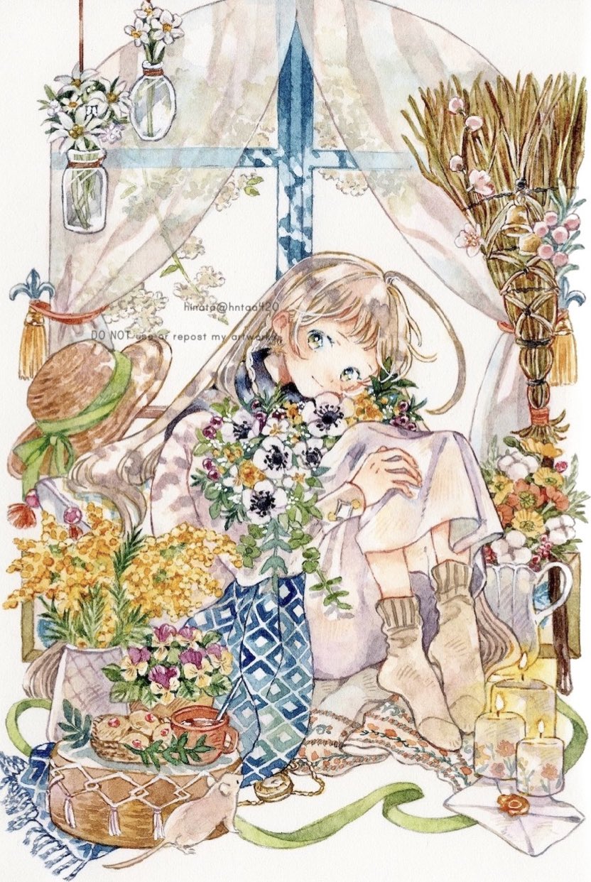 1girl artist_name bell blush bouquet brown_hair brown_socks candle cup curtains daisy dress envelope flower food green_ribbon hat hat_ribbon head_tilt highres hntaa knees_up long_hair long_sleeves looking_at_viewer mouse original painting_(medium) pink_flower plant potted_plant ribbon sitting smile socks solo straw_hat traditional_media tulip twitter_username unworn_hat unworn_headwear vase very_long_hair watercolor_(medium) watermark wax_seal white_background white_dress white_flower window yellow_flower