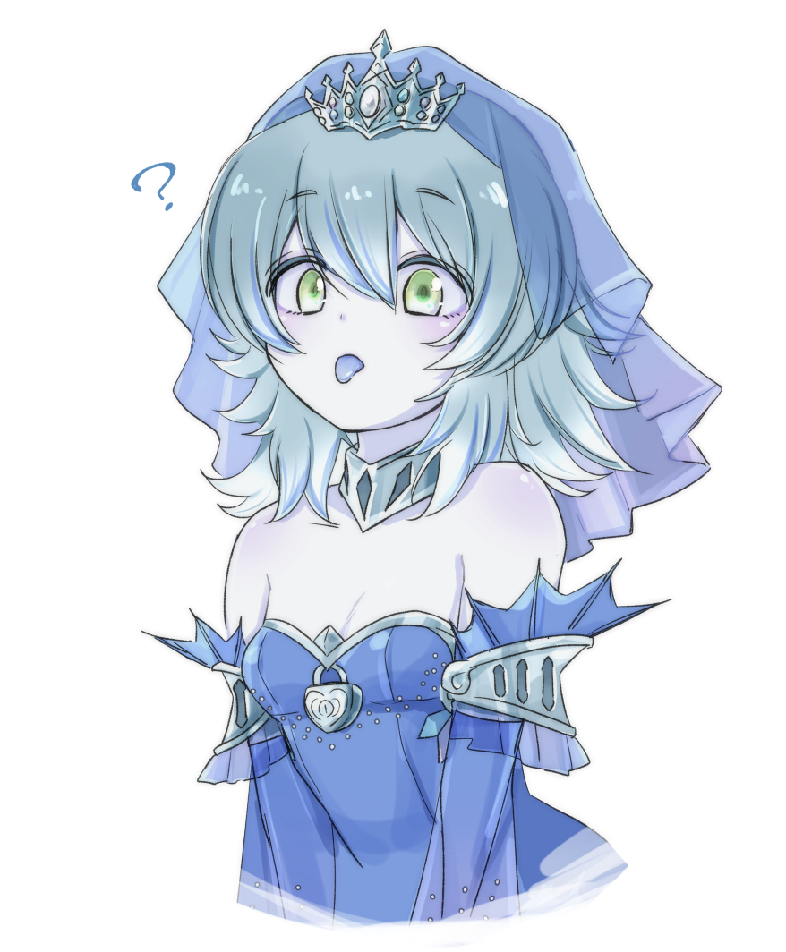 1girl bare_shoulders blue_dress breasts colored_tongue dress duel_monster green_eyes grey_hair hayupipipipi medium_hair purple_tongue sleeves_past_wrists small_breasts solo tearlaments_merrli tiara tongue tongue_out upper_body veil white_background yu-gi-oh!