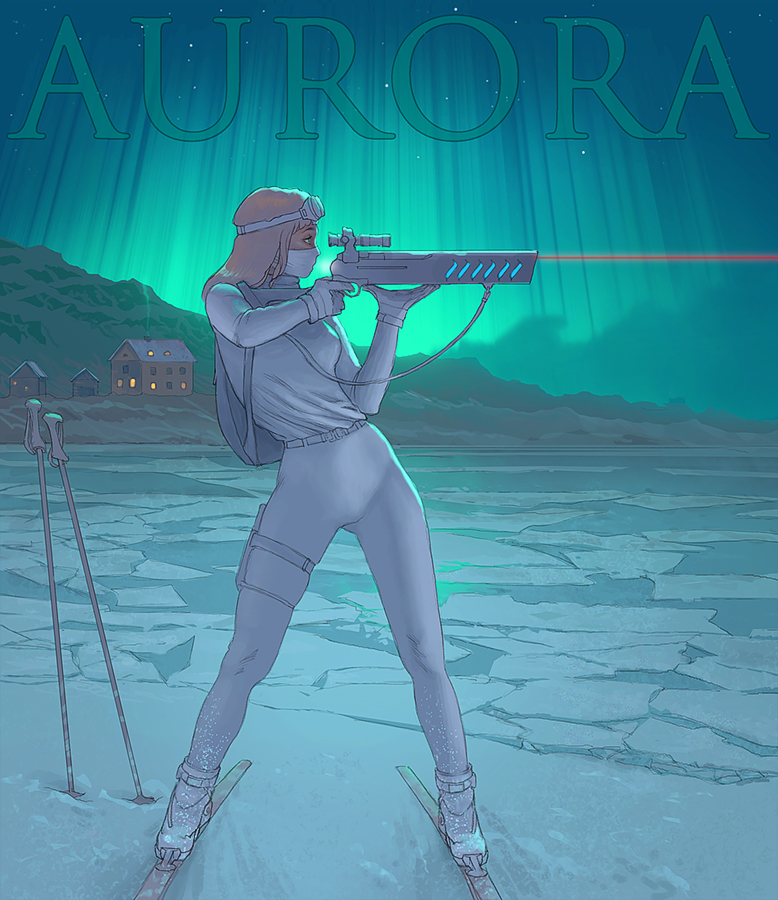 1girl aiming aurora backpack bag bodysuit commentary commission energy_gun english_commentary goggles goggles_on_head gun holding holding_gun holding_weapon house ice landscape laser_rifle long_hair looking_to_the_side mask mouth_mask night original outdoors red_hair scenery skiing skis sky solo standing steven_stahlberg weapon white_bag white_bodysuit